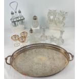 A collection of assorted clear glass and silver plated items, to include galleried tray (a/f), sugar