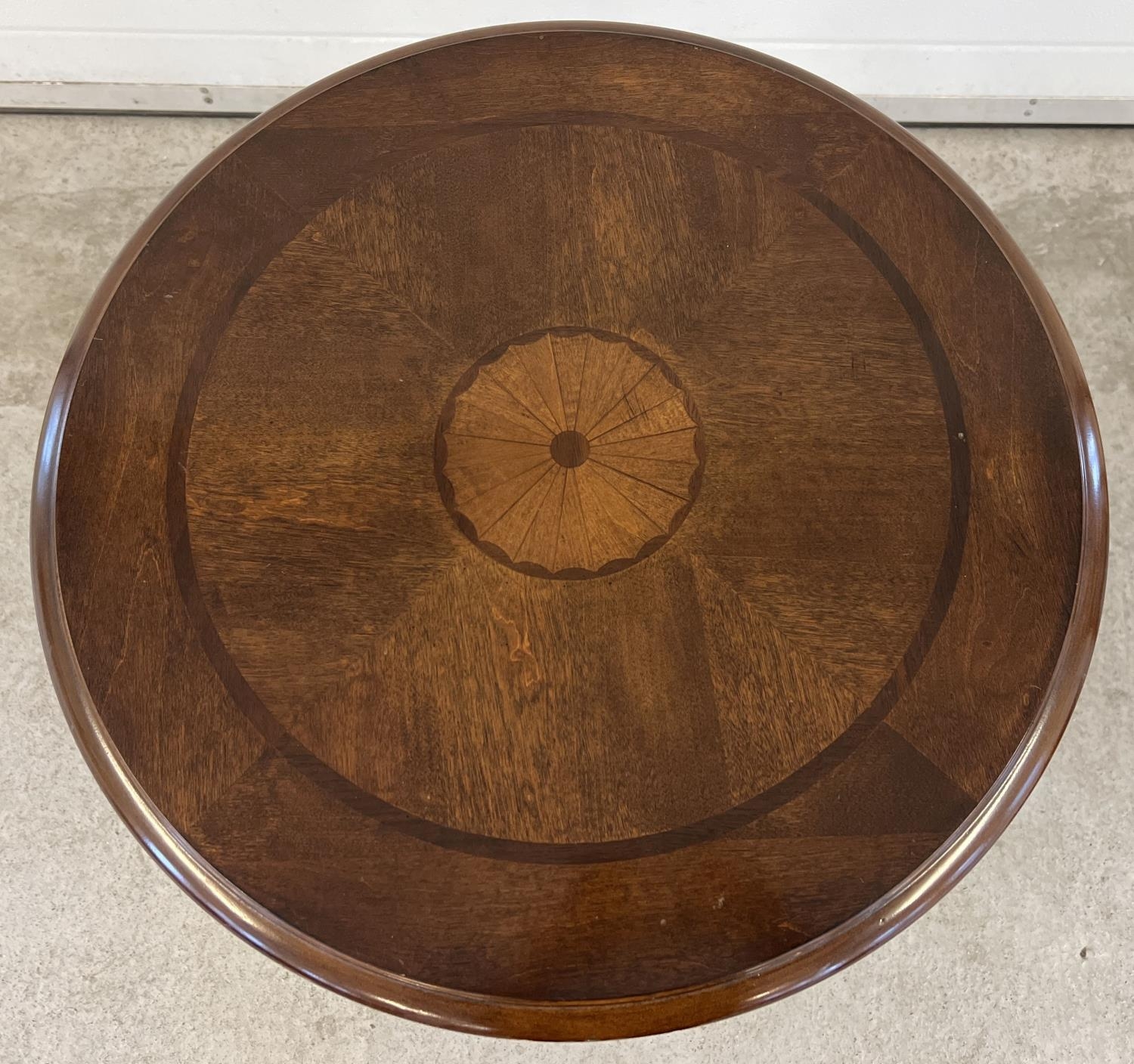 A modern circular shaped drum table raised on 4 squared shaped tapered legs and with central draw. - Image 2 of 4