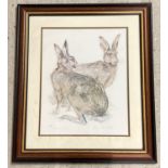 A framed and glazed Anna Ravenscroft wildlife print entitled "Brown Hares". Signed and titled in