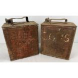 2 vintage 2 gallon metal fuel cans with brass screw lids. A WWII era Shell Motor Spirit can dated