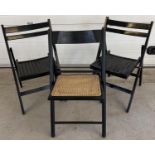 2 vintage wooden folding chairs with slated wooden seats, together with another folding chair with a