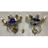 A pair of French inspired gilt bronze and blue glazed porcelain 6 arm chandelier ceiling lights by
