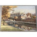 An unframed vintage watercolour on board of a church by a riverside by A. Houghton 1952. Signed to