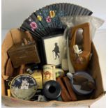 A box of assorted vintage misc items to include wooden items, cloth patches & metalware. Lot