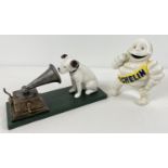 2 painted cast iron figures, a HMV dog & gramophone together with a Michelin man figure/money