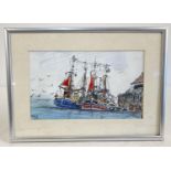 A framed and glazed small mixed media picture of fishing boats in a harbour, by Jack Rigg. Signed to
