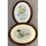 2 framed and glazed oval shaped vintage nursery prints in wooden frames. A Mabel Lucie Atwell