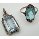 2 vintage silver Art Deco jewellery items. A dress ring set with a blue stone & marcasite's and a