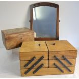 3 vintage wooden items. A cantilever style sewing box, a veneered hinge lidded work box and an Old