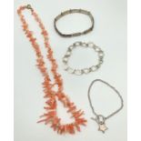 3 silver bracelets together with a coral chip necklace. Bracelets to include a heart shaped link