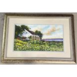 A signed framed and glazed watercolour "New England 2" by J Parker. Depicting a single storey