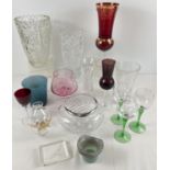 A box of assorted vintage clear and coloured glass, to include vases, rose bowl and stemmed vases.