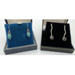 2 pairs of 925 silver drop earrings set with semi precious stones. A pair of fixed post earrings