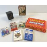 A collection of assorted vintage playing cards, card games and puzzle. To include wooden boxed