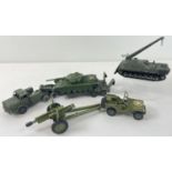 4 vintage Dinky toys diecast military vehicles. #660 Thornycraft Mighty Antar Tank Transporter, #651