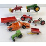 A collection of vintage mixed diecast model farm machinery and tractors. To include Massey
