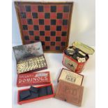 A collection of assorted vintage & antique games to include bone set of 9's dominoes (incomplete).