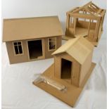 3 dolls house buildings. A single storey house, a conservatory and a garden shed. All in