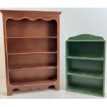 2 wall hanging wooden display shelves suitable for model cars and vehicles. One brown with plinth