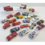 A collection of vintage diecast cars and vehicles by Matchbox. Examples includes buses, lorries