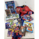 A box of assorted Marvel Spiderman toys & games, some new with tags. To include: Lexibook Spider-Man