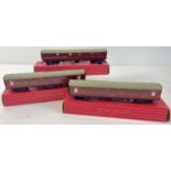 3 boxed Hornby Dublo Corridor Coaches. 2 x #4052 1st/2nd B.R. and a #4053 Brake/2nd B.R.