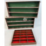 3 wooden wall hanging display shelves suitable for model cars and vehicles. Largest approx 25 x