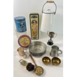 A box of assorted vintage metalware items to include enamel lidded caddy with swing handle,