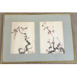 A signed pair of Chinese watercolour sketches of Cherry blossom trees, mounted together. Framed