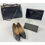 3 vintage handbags together with a pair of 1960's 'K' leather shoes. Bags to include a black leather