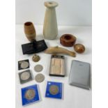 A collection of misc items. To include soapstone candlestick and dolphin, a treen pot with mother of