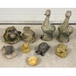 A collection of assorted vintage concrete and resin garden ornaments. To include 2 concrete frogs, 2