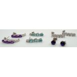 4 pairs of stud and drop style stone set earrings. To include white topaz drops, amethyst drops by