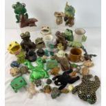 A large collection of frog figures, ornaments, mugs and beanbags. To include studio pottery, wooden,