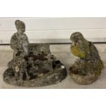 2 vintage concrete garden ornaments. A woman seated on a bench (approx. 33cm tall x 41cm long)