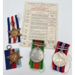 4 WWII un-named medals, with paperwork and ribbons. The Defence Medal, War medal 1939-45, France and
