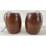 2 vintage dark oak string barrels with channelled detail and screw top lids. Each approx. 12cm tall.