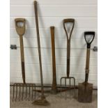 5 vintage wooden handled garden tools. To include 2 forks (4 prong & 8 prong), pick axe and