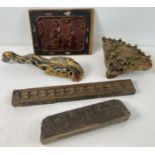 5 assorted vintage wooden items to include a carved panel with Oriental figural detail. Longest