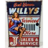 A large reproduction printed tin advertising sign for Willys Jeep. With holes for wall fixing.