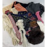 A small collection of ladies vintage scarves, gloves and collars. To include peacock design