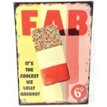 A large reproduction printed tin advertising sign for Nestles Fab ice lollies. With holes for wall
