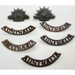 A collection of WWI Australian Commonwealth Military Forces badges. To include lug backed cap badge,