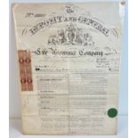 A Victorian Life Assurance Policy certificate from 1856 for William Henry Stratton, Bristol. Mounted