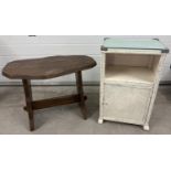 A vintage rustic wooden refectory style side table together with a painted white basket/loom style