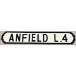 A modern painted wood Liverpool FC sign for Anfield, in the style of an old street sign. Approx.