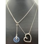 2 silver necklaces. A clear stone set floating heart on a 16" belcher chain, together with a