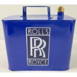A small blue metal Rolls Royce petrol can with brass screw top lid. Approx. 18.5cm tall.
