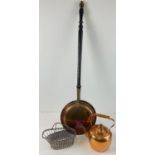 3 items of vintage metalware. A wooden handled antique copper warming pan, a vintage copper kettle