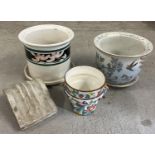 3 vintage ceramic planters together with a piece of white marble. To include a Chinese pot &